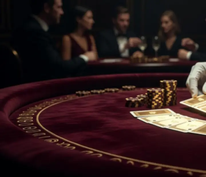 Detail pokerového stolu s žetony a kartami